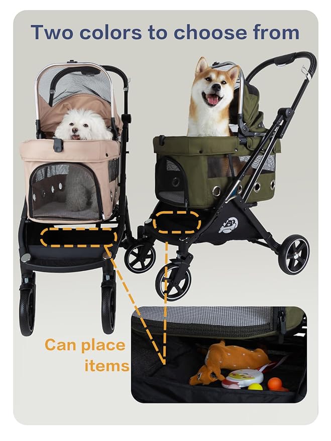 JK Pawadore 4 Wheels Pet Stroller Best Lightweight Foldable Portable Secure Easy Lock NO-Zip 180 ̊ Canopy Sun Shades Waterproof for Small/Medium Dogs 33lbs with Large Storage Basket (Army Green)