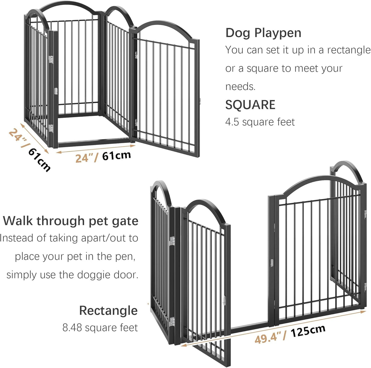 BHG Metal No-Assembly Freestanding Dog Gate with Door Walk Through, Extra Wide 96", Extra Tall 32" Pet Gate, Accordion Puppy Folding Playpen Dog Fence, with 2PCS Support (Black, 4 Panels)