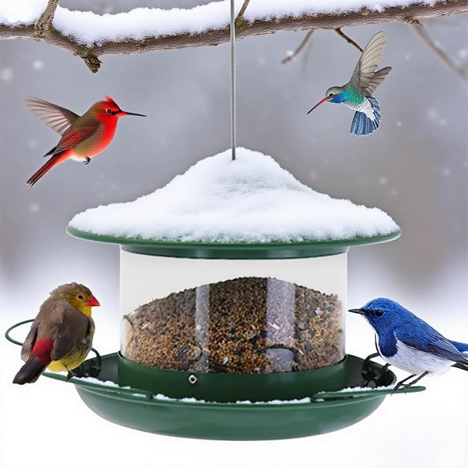 Metal Bird Feeder for Outdoors, Hanging Wild Bird Feeder with Spill-Proof Tray, All-Weather Outdoor Bird Feeder with Water-proof PVC Tube,Easy to Clean and Fill, 4.5Lb Capacity,Gifts for Outdoor Decor