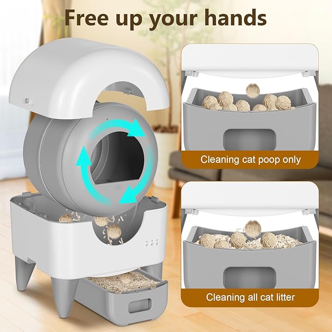 Self Cleaning Litter Box,95L Automatic Cat Litter Box Self Cleaning Large Capacity for Multiple Cats, App-Controlled with Safety Sensors, Removable Washable Liner,2 Rolls Garbage Bags,Grey