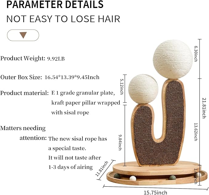 Cactus-Shaped Cat Scratching Post with Cat Scratcher, Interactive Toy Balls, Handmade with Natural Materials, Cute Cat Scratching Post, Easy-to-Clean Cat Furniture