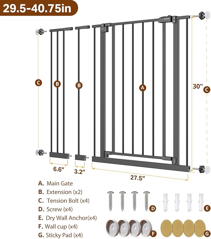InnoTruth 29.5–40.75" Baby Gate for Stairs, 30" Tall Dog Gates for Doorways & Hallways, Safety Gate for Kids & Pets, Pressure-Mounted Walk-Through with Dual Lock & 2-Way Swing, Black
