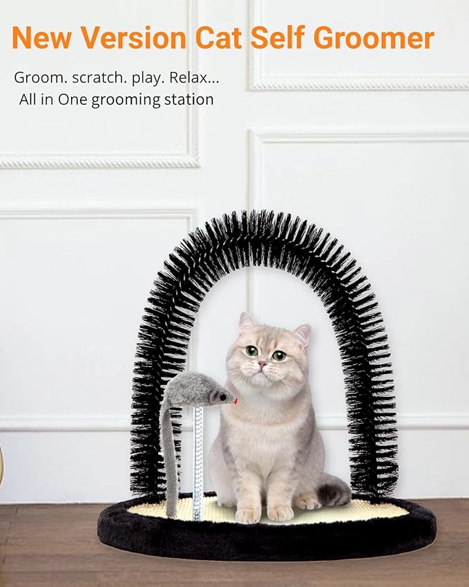 Happi N Pets Cat Self Groomer, Arch Grooming Brush wtih Heavy Duty Woven Sisal Pad, Rubbing Post & Catnip Toy, Cat Face Scratchers Body Massager, Cat Scratchers for Indoor Cats, Black