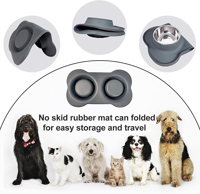AsFrost Dog Food Bowls Stainless Steel Dog Food & Water Bowl Set with No Spill Non-Skid Silicone Mat, Dog Dishes Pet Feeding Bowls for Small Medium Large Sized Dogs Cat Puppy Food Bowl, Grey, 4 Cup