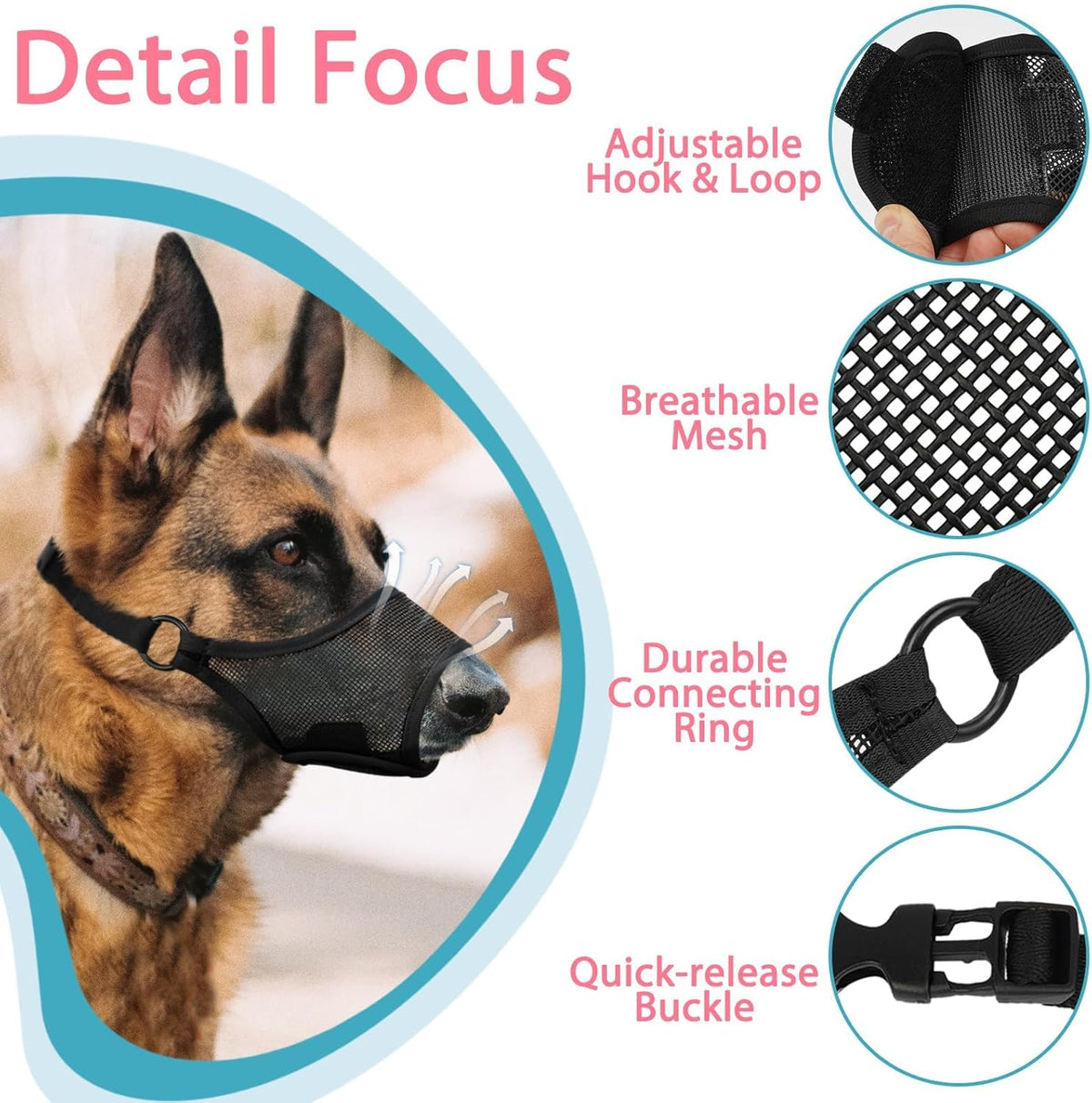 LUCKYPAW Dog Muzzle, Mesh Muzzle for Large Medium Small Dogs, Soft Mouth Guard for Biting Chewing, Breathable Mouth Cover with Adjustable Hook and Loop for Training, Grooming(Black, S)