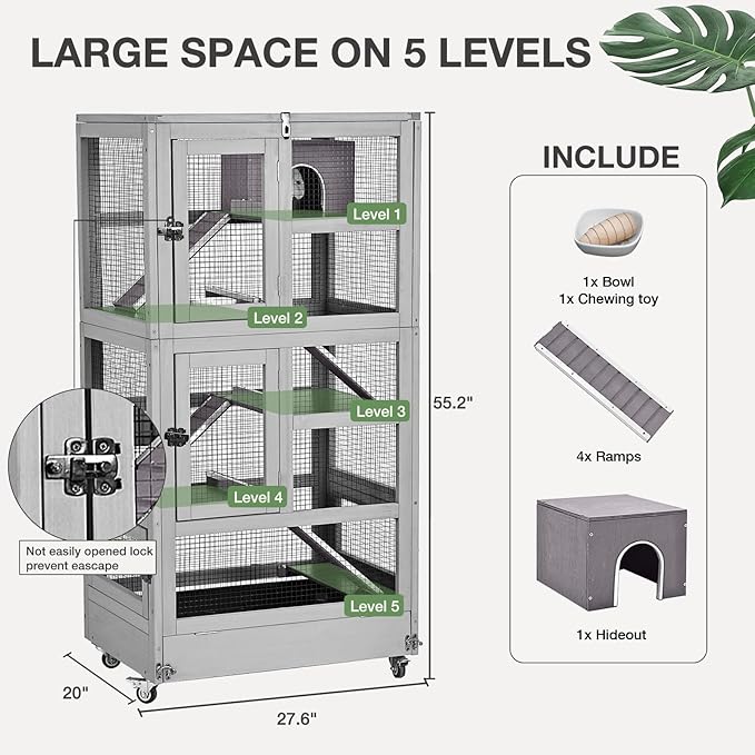 Ferret Cage Rat Cage Indoor Outdoor, Large Guinea Pig Cages with 5 Levels, Wooden Chinchilla Cage with Wheels for Hamster, Chameleon, Gerbils and Other Small Animals Anti-Chewing