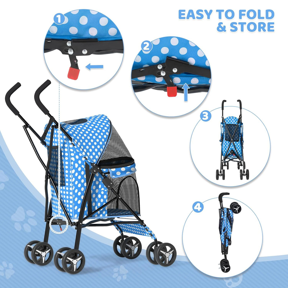 Magshion Compact Pet Stroller for Small-Medium Dogs/Cats up to 22lbs, 4-Wheel Lightweight Umbrella Shaped Portable Puppy Travel Jogger with Breathable Mesh & Rear Storage, Sky Blue Polka Dots