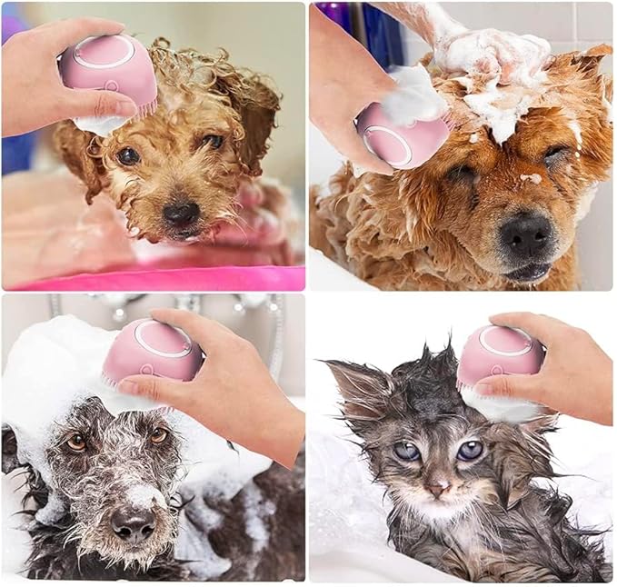 Pet Bath Massage Brush Puppy Dog Cat Grooming Cleaning Soft (Pink)