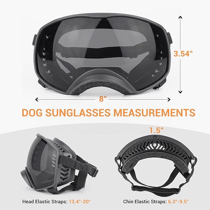 Dog Sunglasses UV Protection Clear Dog Goggles Windproof Glasses with Elastic Straps for Medium-Large Breed, Black Frame + Black Lens