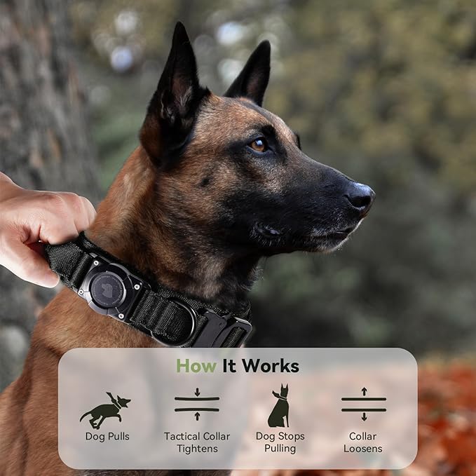 2025 Upgrade Waterproof AirTag Dog Collar, Military Tactical Dog Collar with AirTag Holder, Comfortable Control Handle and Metal Buckle, GPS Dog Collar Holder for Medium to Large Dogs (Black, M)