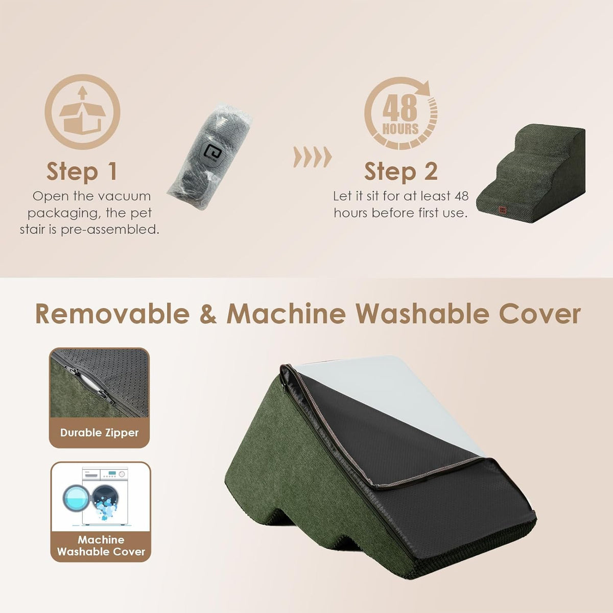 EHEYCIGA Curved Dog Stairs Ramp for Small Dogs 15.7" H, 3-Step Dog Steps for Couch Sofa and Chair, Pet Stairs for Cats, Non-Slip Balanced Pet Steps Indoor, Olive Green