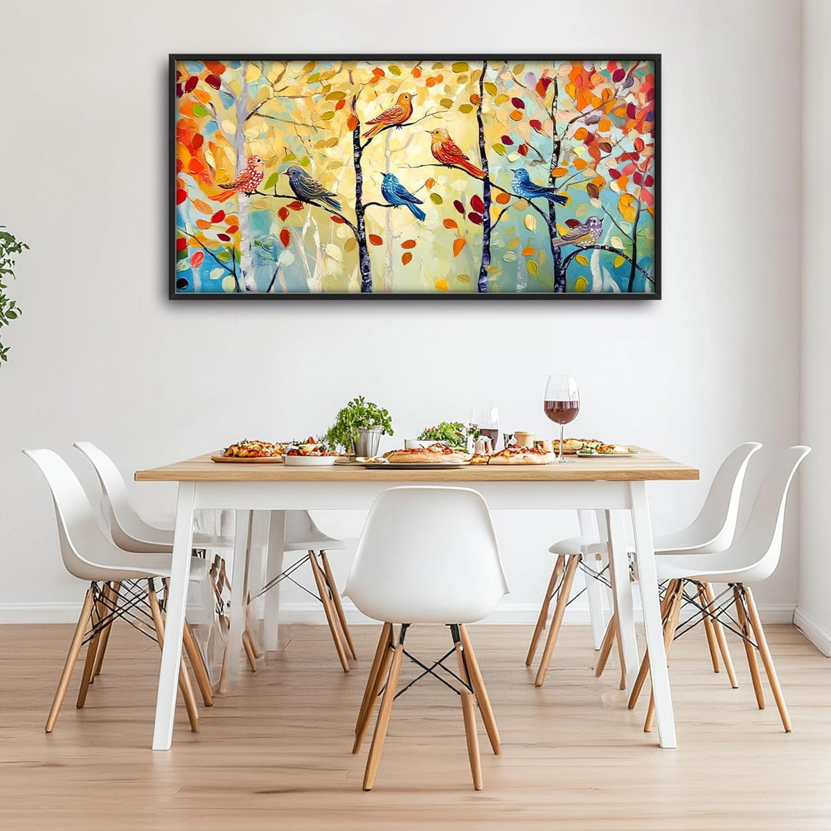 Extra Large Framed Abstract Bird Forest Wall Art,Colorful Birds Birch Tree Wall Decor Pictures for Living Room,Canvas Print Painting Modern Artwork Bedroom Office Bathroom Home Decor 60L x 30W