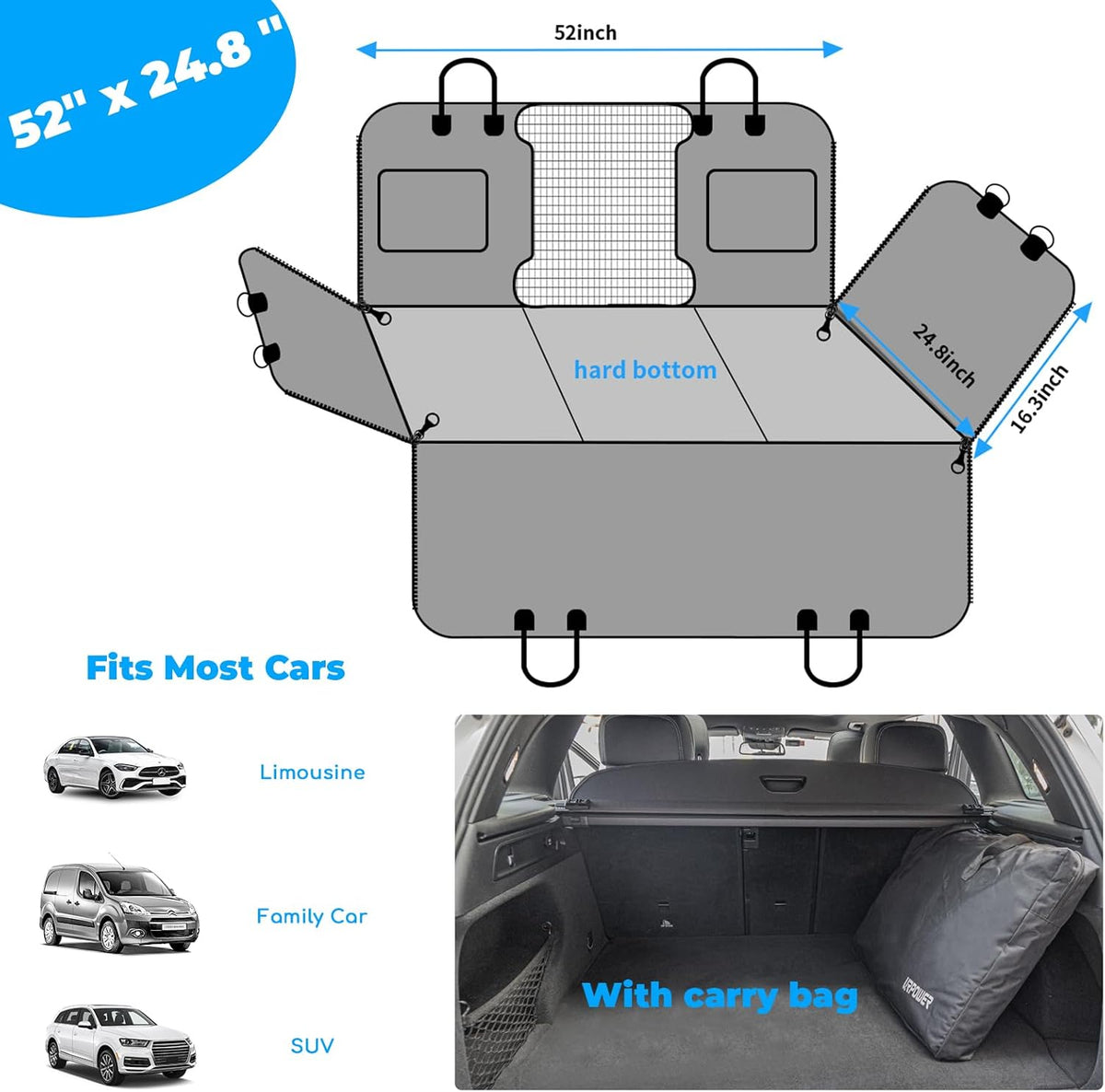 URPOWER Back Seat Extender for Dogs - Hard Bottom Dog Car Seat Cover Holds 400 lbs, Waterproof Dog Hammock Dogs Bed for Cars, SUVs & Small Trucks, Pet Backseat Protector with Mesh Window & Large Space
