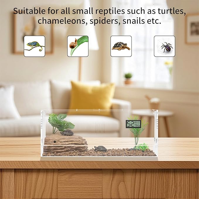 Acrylic Tarantula Enclosure, Reptile Terrarium Breeding Tank w/Temperature Hygrometer,Habitat Reptiles Feeding Box Isopod Terrarium Cage for Insect Lizard Home Office (Reptile-Tank-L(Tray))