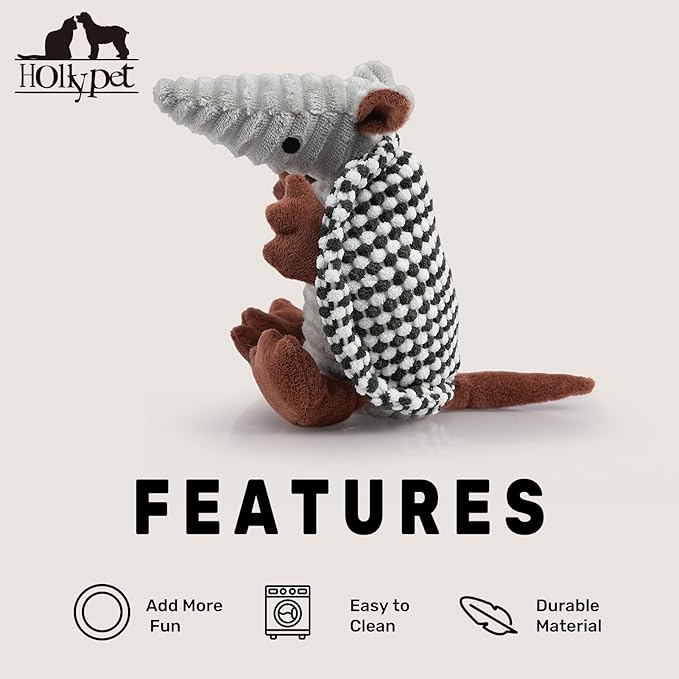 Hollypet Plush Dog Squeaky Toy Stuffed Armadillo Animal Pet Puppy Chew Toys with Clean Teeth for Small Medium Large All Breed Sizes Dogs, Black and White,8 in