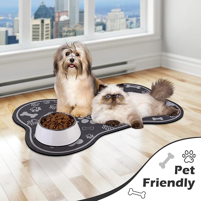 Dog Cat Food Mat,Rapid AbsorbentPet Feeding Mat, Bone Shaped Dog Placemat Water Bowl Mat with Rubber Backing,No Stains Dog Cat Food Mats Indoor, Pet Accessories Supplies 17""×29"" Dark Grey
