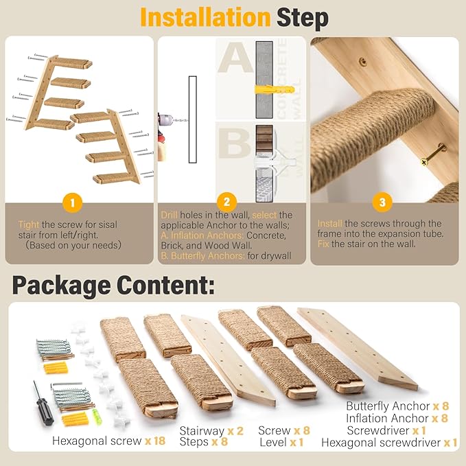 2 Pack 4 Steps Cat Wall Shelves Cat Stairs for Wall with Sisal Rope.Cat Wall Steps/Ladder Furniture & cat Tree Supplies(Catstairs 2Pack-4Steps)