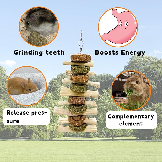 3Pcs Bunny Chew Toys for Teeth Bunny Hanging Grinding Cake Natural Sweet Bamboo Sticks Timothy Alfalfa Hay & Carrot Cake for Rabbit Guinea Pig Chinchilla Gerbil Improve Dental Health