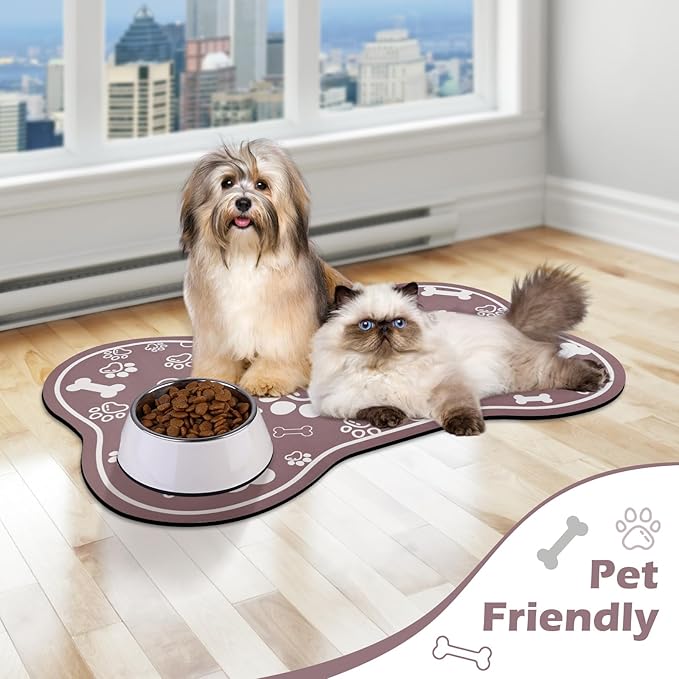 Dog Cat Mat for Food and Water,Rapid Absorbent Pet Feeding Mat, Bone Shaped Dog Placemat Bowl Mat with Rubber Backing,No Stains Pet Food Mats Indoor, Pet Accessories Supplies,Brown 17"×29"