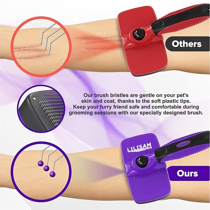 Pet Self Cleaning Slicker Brush and Grooming Comb - Gently Removes Loose Hair, Tangles, and Dirt - Skin Friendly Deshedding Grooming Tool for Hair Dogs & Cats - Pet Supplies Accessories (Purple)