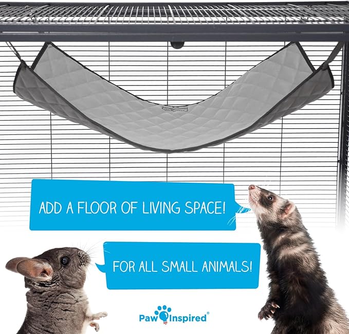 Paw Inspired Hanging Fleece Hammock for Ferrets, Rats, Chinchillas, Sugar Gliders, Small Pets | Hideout Toy for Guinea Pigs, Hamsters | Swivel Clips for Small Animal Cages (Gray/Light Gray)