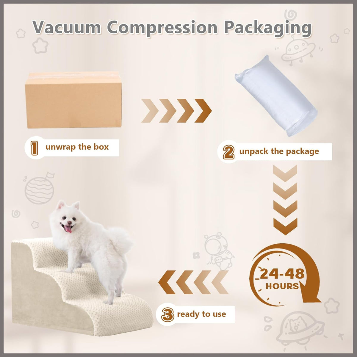 MIHIKK Dog Stairs Ramp, Curved 5-Step Dog Steps for Small Dogs and Cats, Pet Stairs for High Beds and Couch with Anti-Slip Washable Cover and Durable High Density Foam, Beige