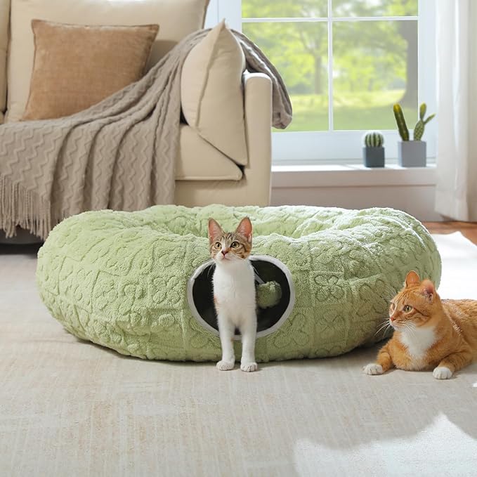 PEQULTI Cat Tunnel with Bed for Indoor Cats, Cat Play Donut Tunnel with Washable Soft Plush Mat, Round Tube Toys Cute Tube for Kittens, Puppies, Rabbits and Ferrets, Green