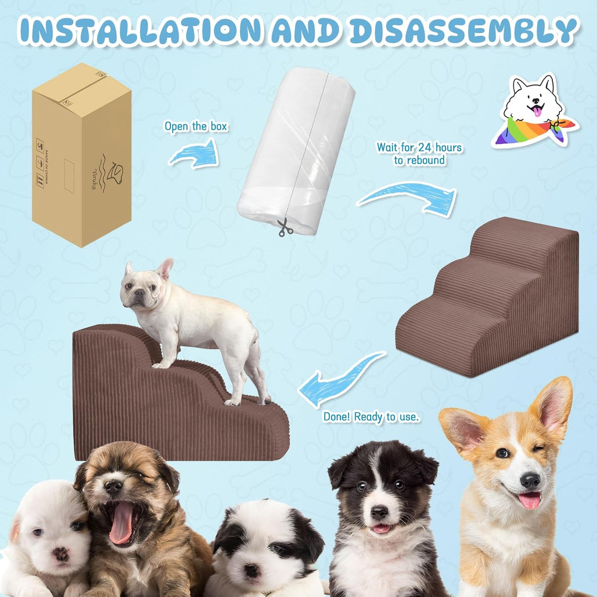 Dog Steps for Small Dogs, 3-Step Pet Ramp Stairs for High Beds and Sofa, Non-Slip Pet Stairs for Small Dogs and Cats, Removable and Easy to Clean Cover, Coffee