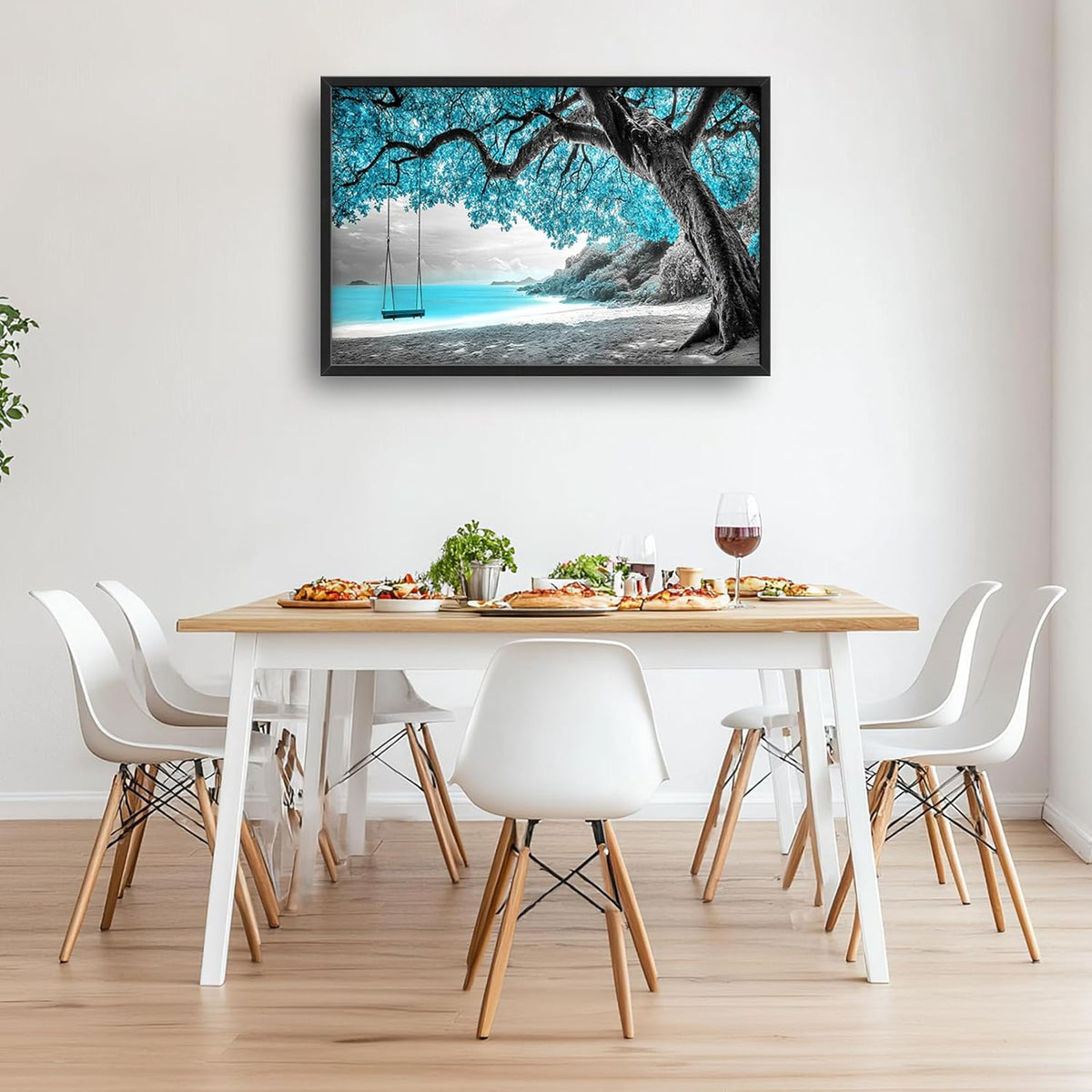 Extra Large Framed Abstract Tree Wall Art,Black and White Tree of Life Wall Decor,Blue Teal Sea Pictures for Living Room,Canvas Print Painting Modern Artwork Bedroom Office Bathroom 36L x 24W
