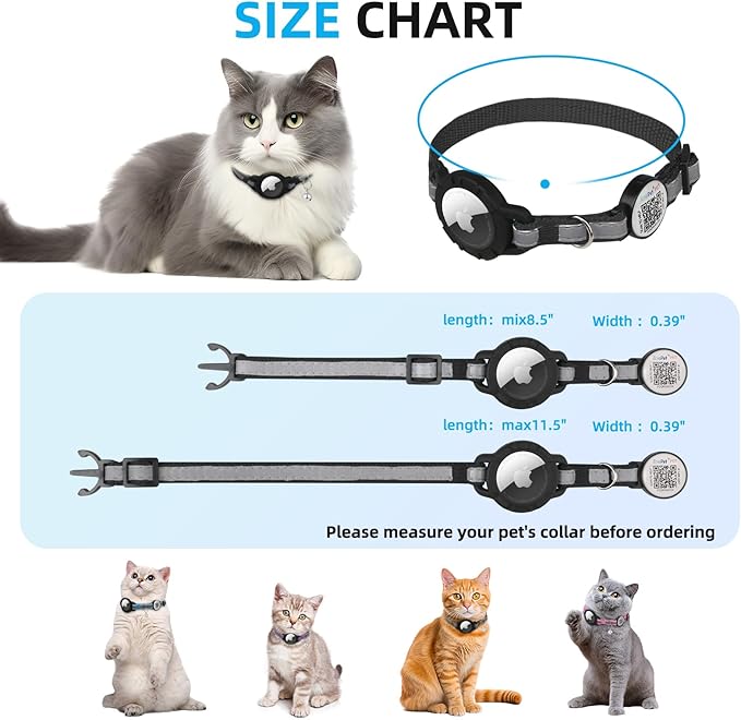 Airtag Cat Collar Breakaway with QR Code Name Tag, Reflective cat Collar airtag Holder with Bell, Cat ID Tag Personalized, Ultra-Durable, Adjustable, Quick Release, Fits Small Large Cats, Black