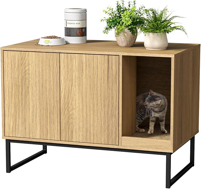 Cat Litter Box Enclosure, Fluted Hidden Litter Box Furniture with Scratch Pad and Metal Legs, Modern Enclosed Cat Cabinet, 31.5 x 17.7 x 21.7 Inches Indoor Pet House for Living Room, Washroom, Natural