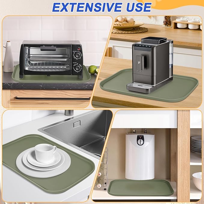 Silicone Pet Feeding Mat with Raised Edge for Food and Water, Dog Bowl Mats, Cat Bowls Placemat with High Lip for Floor Waterproof, Rubber Tray for Cats and Dogs 22 x 14 x0.8 Light Olive Green
