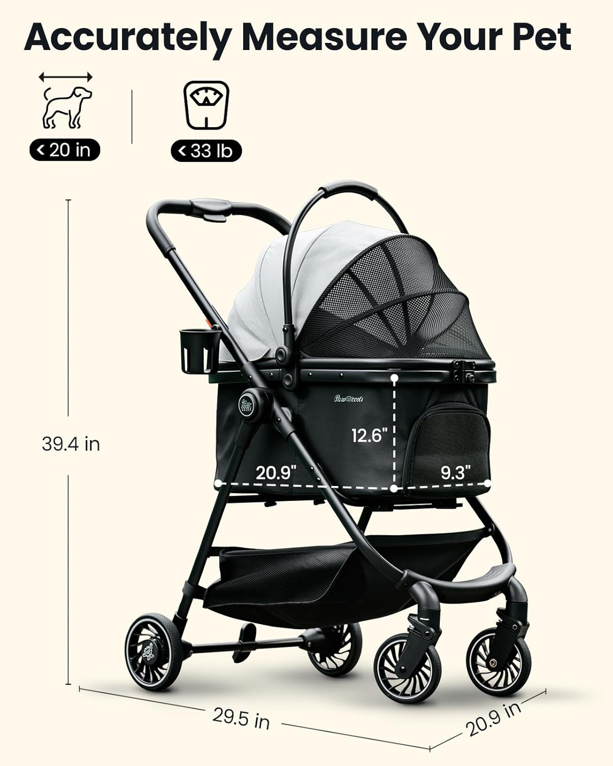 Pet Stroller for Small Dogs and Cats, One-Click Foldable Dog Stroller with Detachable Carrier & 3 Safety Tethers, Holds up to 33 lbs, Storage Basket & Cup Holder, Breathable Mesh, Black