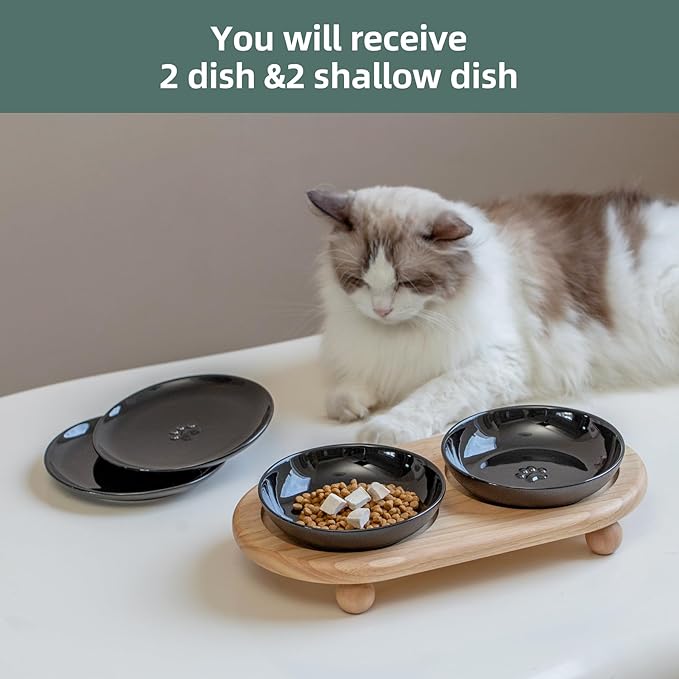 Raised Ceramic Cat Dishes, Food& Water Bowl with 2 Style Stand Adjustable Raised Pet Bowl Set, Anti Whisker Fatigue(2Dish+2Shallow Dish+Stand, Black