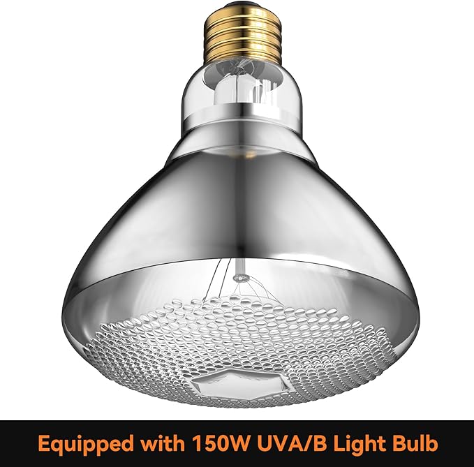 Reptile Light Fixture,7inch Deep Dome Reptile Light Fixture with 3/6/12 Timer,Infrared Reptile Heat Lamp Max 150W Blub, for Turtle Bearded Dragon Lizards Snake, 1PCS 150W Bulb Included