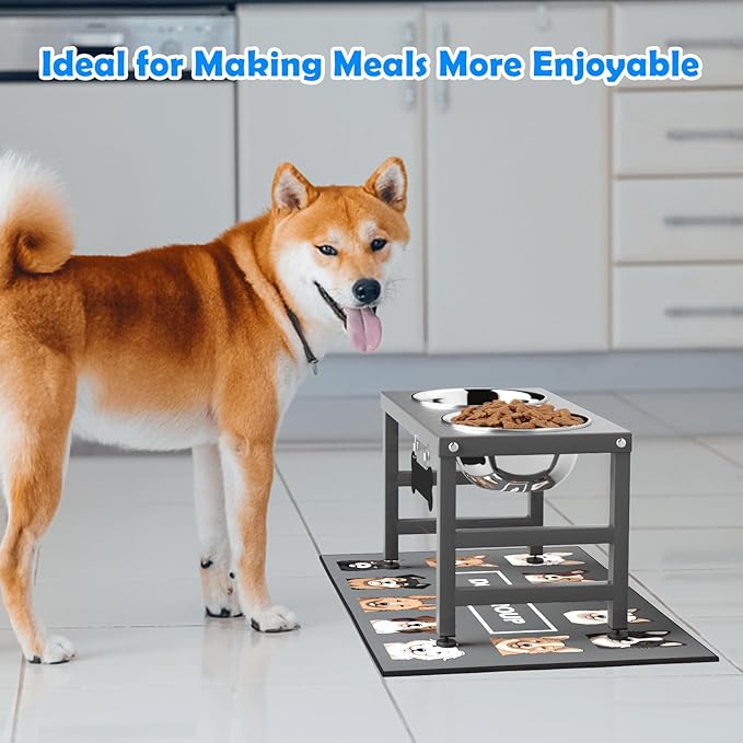 Elevated Dog Bowls, 10" Tall Height, Raised Bowl Stand with 2 Stainless Steel Food Feeder Bowls (58oz) and Spill-Proof Mat for Medium Large and Small Breeds, Grey