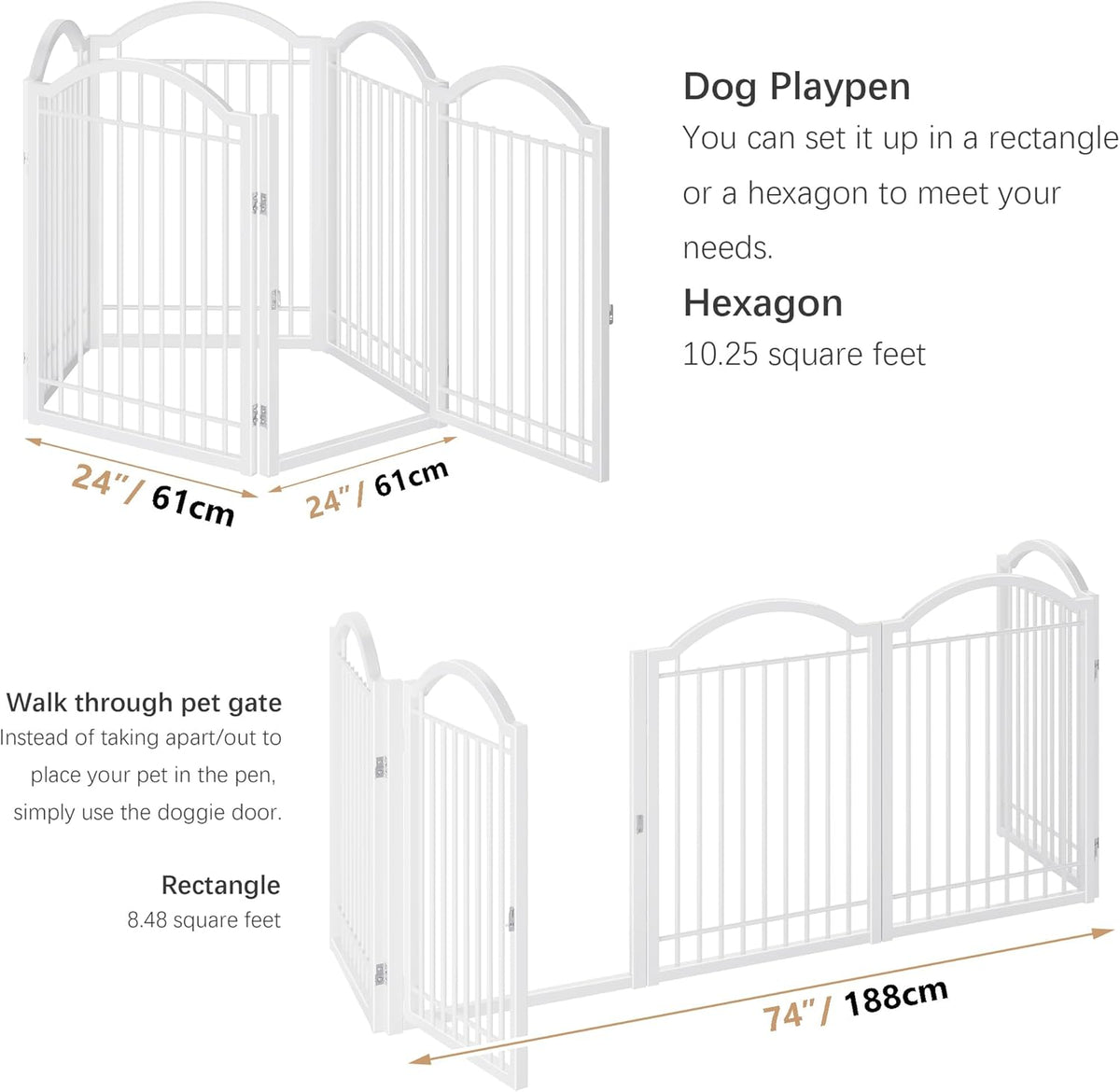 BHG Metal No-Assembly Freestanding Dog Gate with Door Walk Through, Extra Wide 120", Extra Tall 32" Pet Gate, Accordion Puppy Folding Playpen Dog Fence, with 2PCS Support (White, 5 Panels)