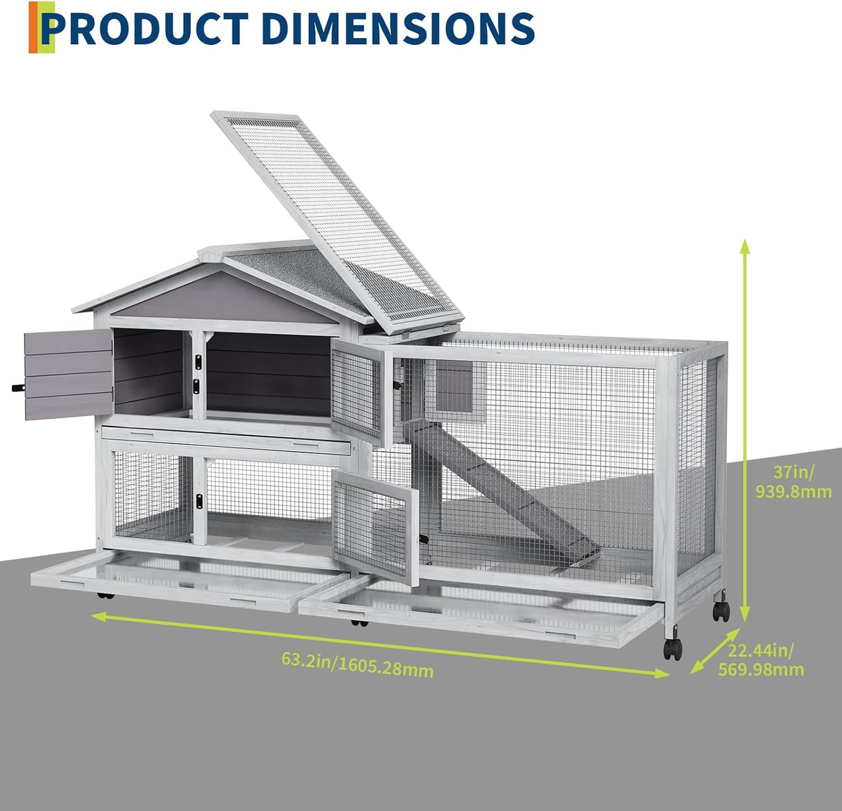 2-Tier Rabbit & Chicken House Mobile,Wooden Chicken Coop & Bunny Cage with Non-Slip Ramp, 4 Doors,Waterproof Roof & Pull-Out Tray,Outdoor/Indoor Pet Cage Movable