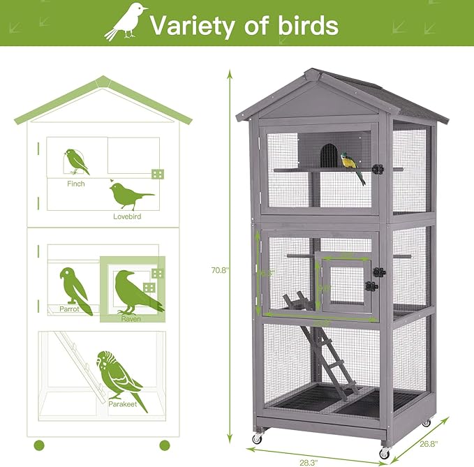 GUTINNEEN Outdoor Bird Aviary Wooden Large Bird Cage on Wheels, Featuring Play Stand, Perches, Nest Habitat, Include Wire Mesh Above Bottom Tray Easy to Clean
