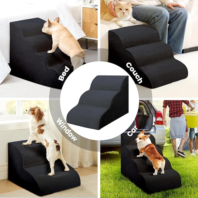 Dog Stairs for Small Dogs, 3 Tiers High Density Foam Dog Ramp, Extra Wide Non-Slip Pet Steps for High Beds Or Couch, Soft Foam Doggie Ladder for Dogs Injured, Older Pets, Small Cats