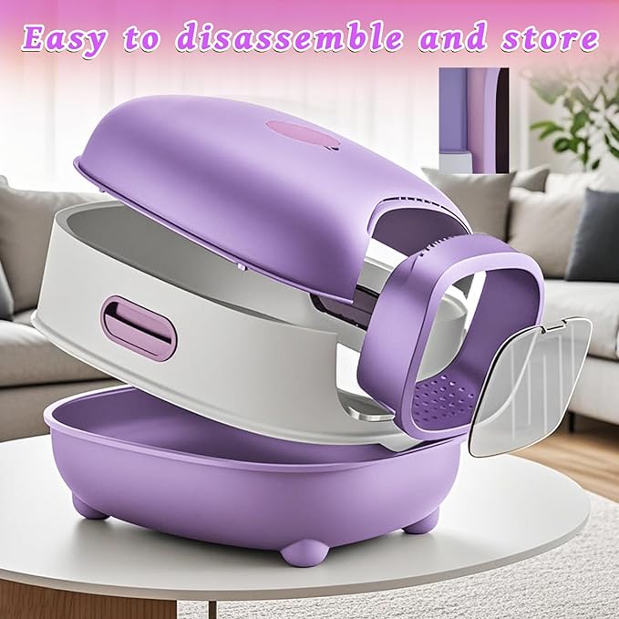 Large Cat Litter Box with Cat Litter Scoop, Foldable Litter Box with Lid, Front Entry and Exit Leak-Proof Litter Cat Box, Odor Control, Easy to Clean (Purple)