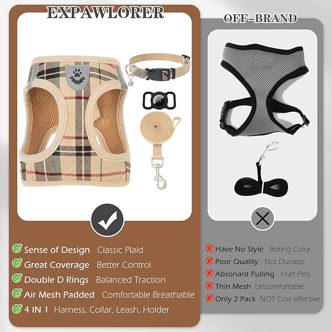 EXPAWLORER Plaid Small Dog Harness and Leash Set with AirTag Holder - Soft Padded Step in Dog Vest Harness Medium Sized Dog, No Pull Reflective Puppy Harness, Collar and Leash for Walking, Khaki XS