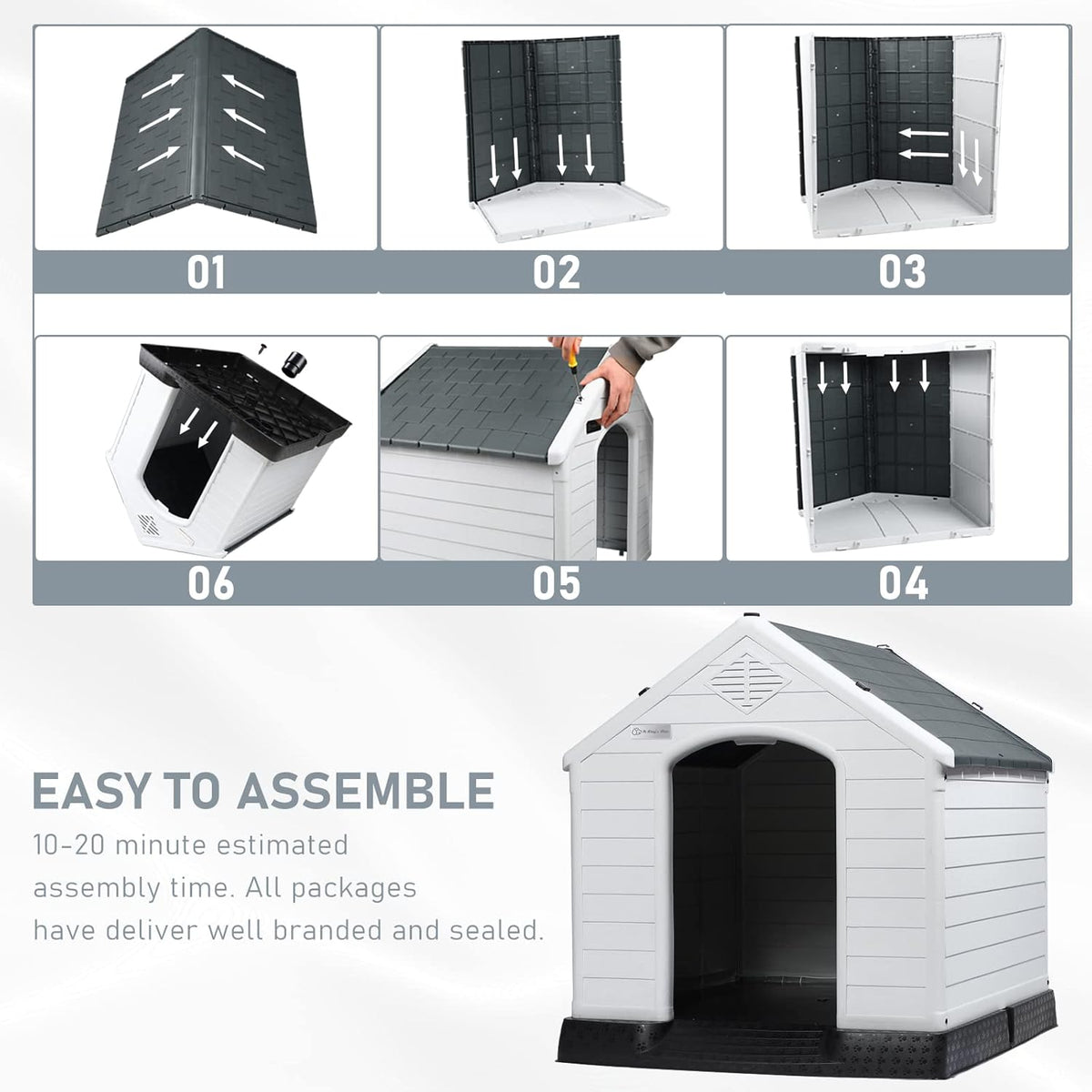 LEMBERI Durable Waterproof Plastic Dog House for Small to Large Sized Dogs, Indoor Outdoor Doghouse Insulated Puppy Shelter with Elevated Floor, Easy to Assemble (Gray, 34''L*31''W*32''H)