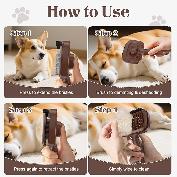 Self Cleaning Dog Brush for Shedding - Bristle Brush and Long/Short Needles Design, Skin Friendly, Slicker Deshedding Dog Brush, Hair Removal for Long & Short Haired Pets (Brown)