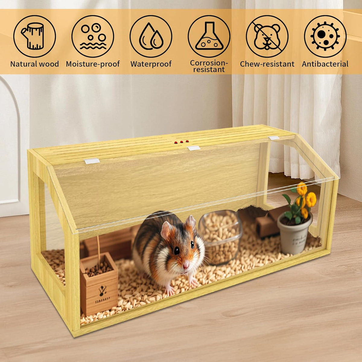 Large Hamster Cage, Chewproof Large Hamster Habitats, Wooden Guinea Pig Cages, Openable Top Roof, Lockable Gerbil Cage, Small Animal Cage for Dwarf, Syrian, 40" L x 16" W x 16" H