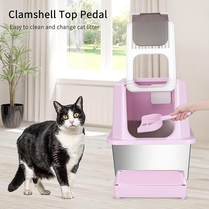 RIZZARI Stainless Steel Cat Litter Box, Semi-Enclosed with Raised Edges, Anti-Leakage & Odorless, Large for Small to Large Cats (Deep Pink, 23.8" L*15.9" W*18" H)