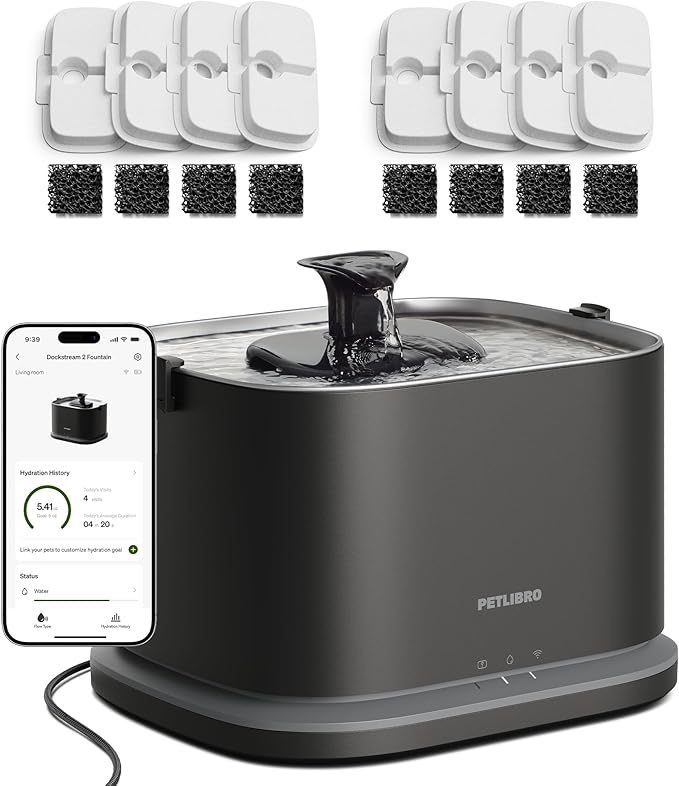 PETLIBRO Upgrade Cat Water Fountain + 8 Packs Filters, Dockstream 2 Smart App Monitoring Pet Water Fountain for Cats Indoor, 3L/101oz Cat Fountain Stainless Steel Tray for Drinking, 5G WiFi