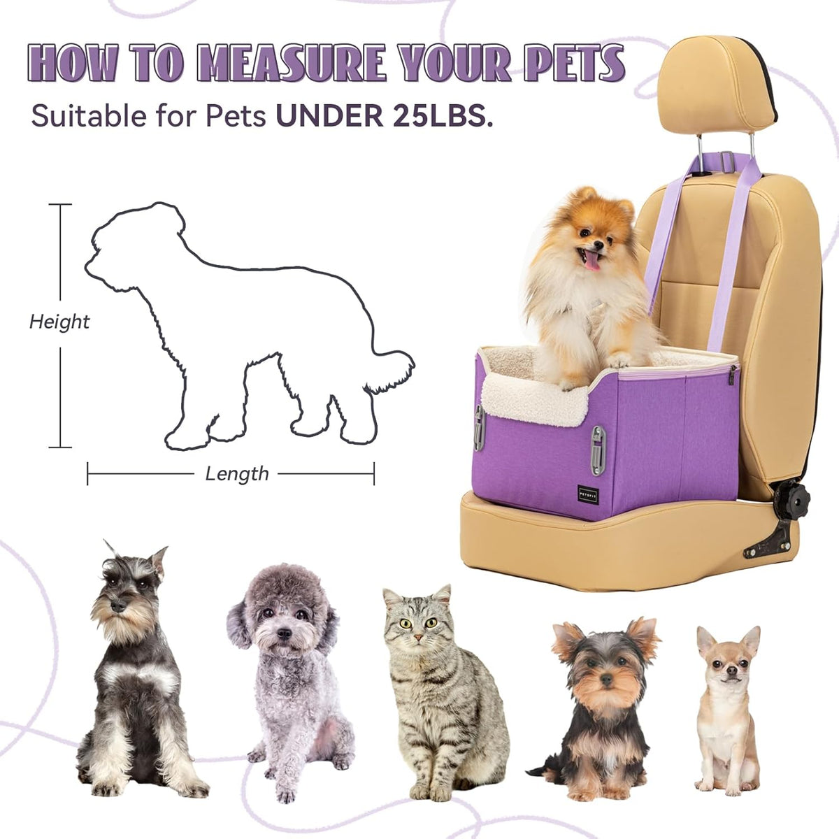 PETSFIT Small Dog Car Seat, Patent Safe Buckles Dog Booster Car Seat, Dogs Carseat with Safety Belt, Suitable for Small Pets Up to 25lbs (Purple)