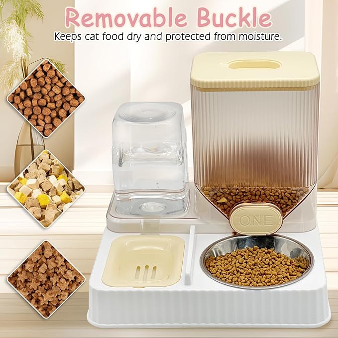 Fhiny Gravity Cat Feeder & Water Dispenser, 2 in 1 Automatic Puppy Waterer Removable Stainless Steel Food Bowls Set Self Feeding Pet Food Storage for Cat Kitten Puppy Easy Clean (Yellow)