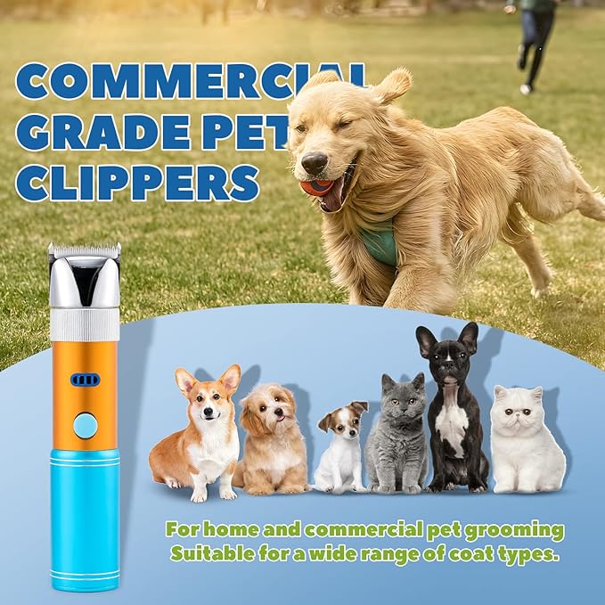 Dog Clippers for Grooming Cordless 400W with Rechargeable 5h-Standby Battery, Low Noise < 50db, Heavy-Duty Pet Hair Shaver Kit, with 2 Sharp & Detachable Blades of 3MM&6MM, Blue